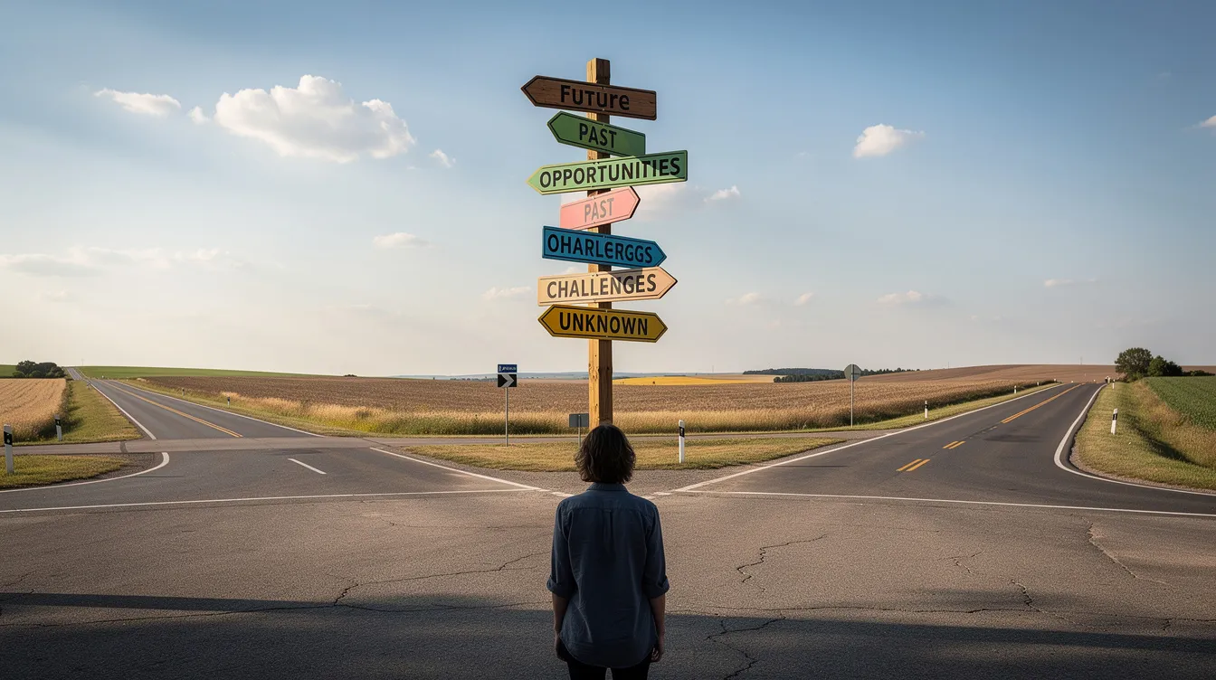 A person stands at a crossroads with multiple directional signs pointing in various directions against a clear blue sky, symbolizing choices and paths in life. The scene conveys a sense of exploration and decision-making, much like navigating the right permalink structure for a WordPress site to enhance user experience and SEO.