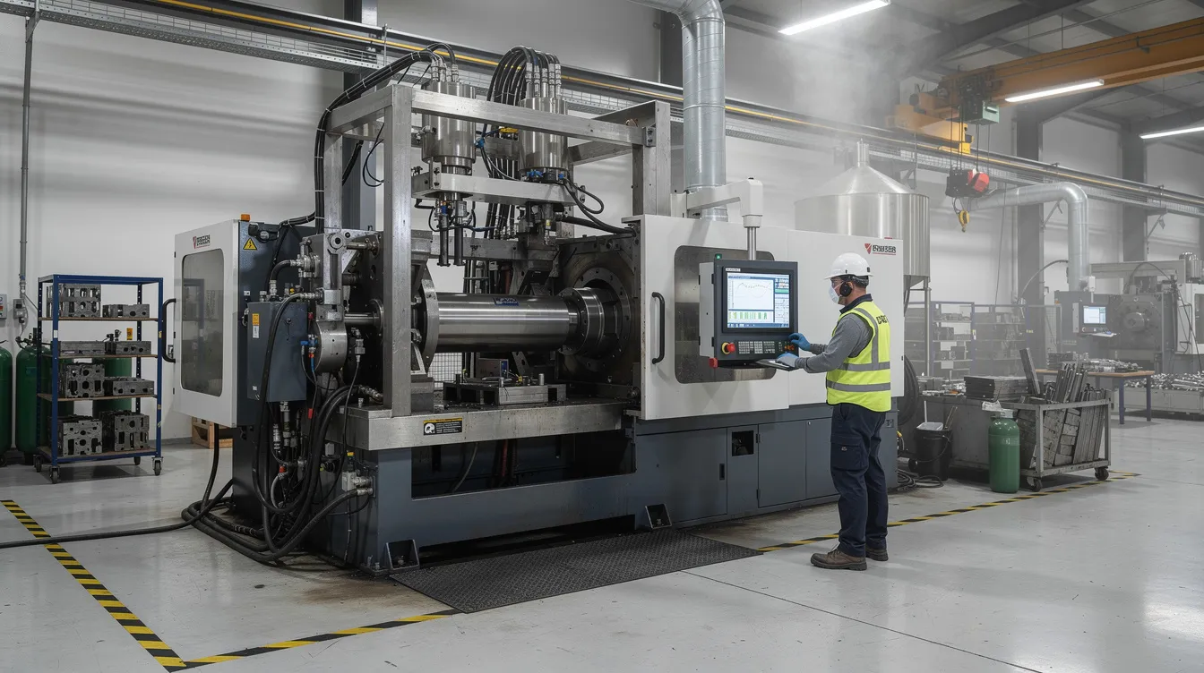 An industrial high-pressure die casting machine is depicted in a factory setting, with an operator overseeing the die casting process. The machine is designed for aluminum die casting, showcasing advanced technology and impressive production capacity for creating high-quality die casting parts.