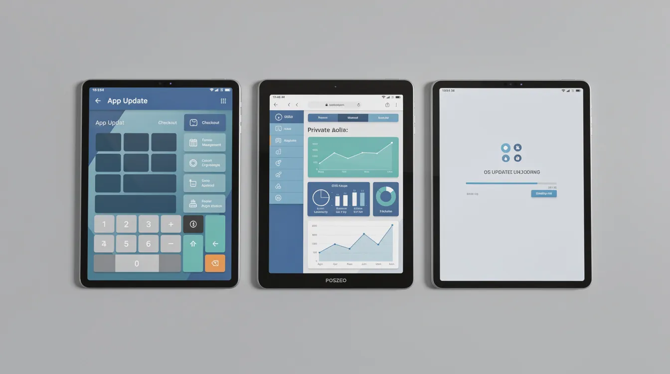 A clean technical diagram displayed on a light gray desk features three distinct Android POS devices aligned side-by-side. The first tablet showcases a POS checkout UI indicating an app update, the second presents a backend management tool for customer management, and the third displays a system settings loading bar for an OS update, all in a professional blue and teal color palette.