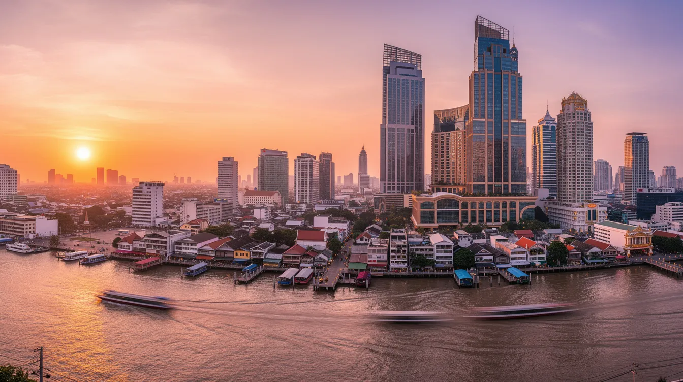 Das Panorama zeigt die beeindruckende Skyline von Bangkok bei Sonnenuntergang, mit modernen Hochhäusern, die sich majestätisch über den Chao Phraya Fluss erheben. Diese Szene verkörpert das pulsierende Leben Thailands und ist ein beliebtes Reiseziel für Reisende, die die Kultur und Gastfreundschaft des Landes erleben möchten.