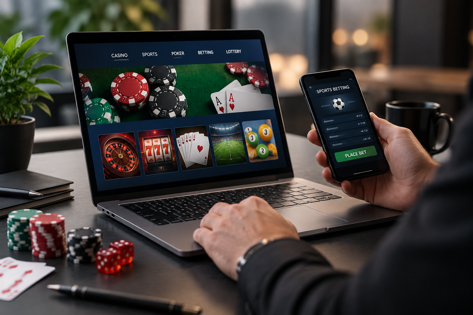 Online casino and sportsbook platform showing casino games, poker, betting, and lottery options.