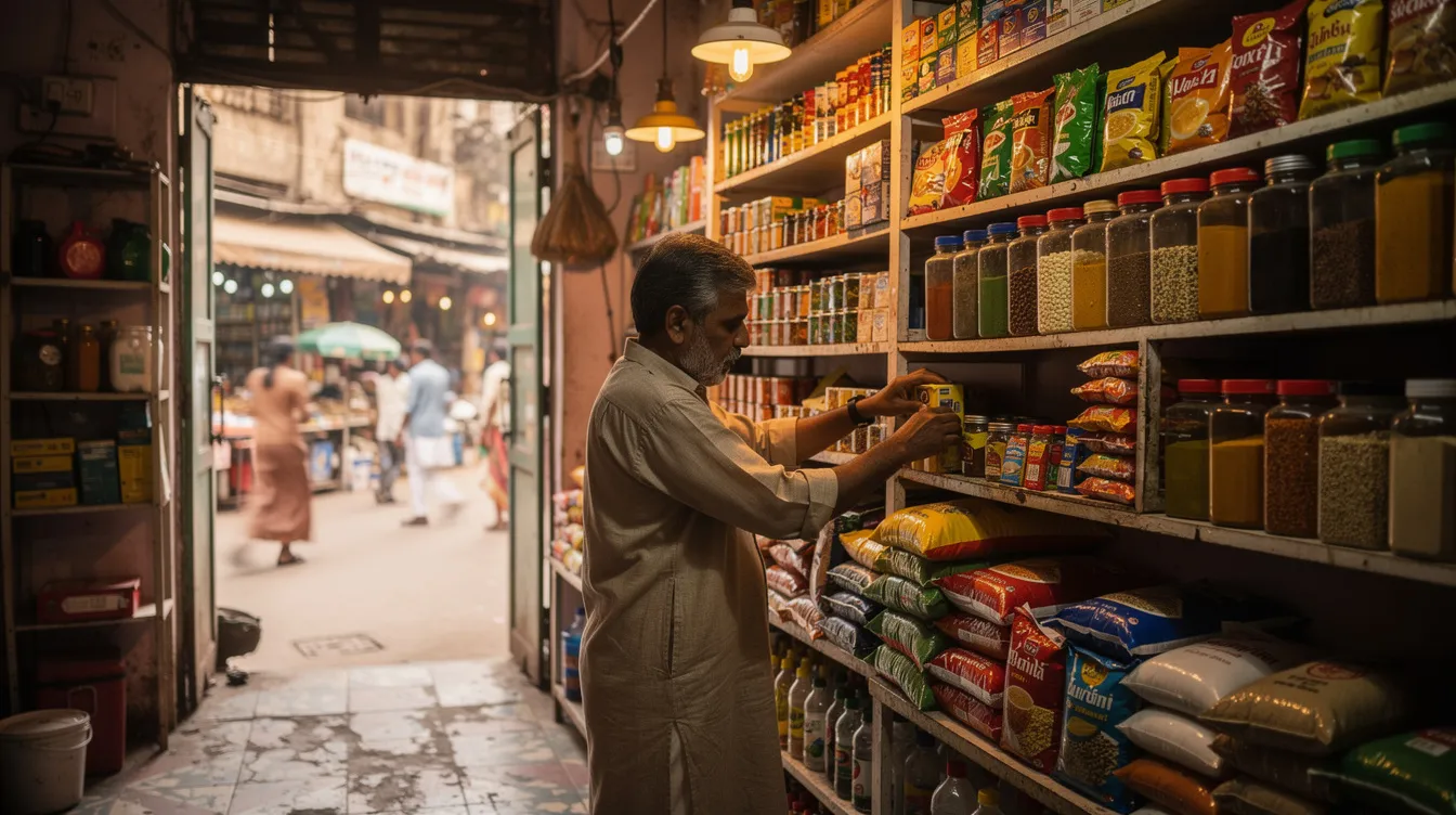 c40f82fa 4289 4480 bd3b 04de01367b21 A small business owner is carefully arranging various products on shelves inside a vibrant shop located in an Indian market, showcasing a variety of items that reflect local culture and goods. The scene highlights the owner's diligence and commitment to providing the required information for customers.
