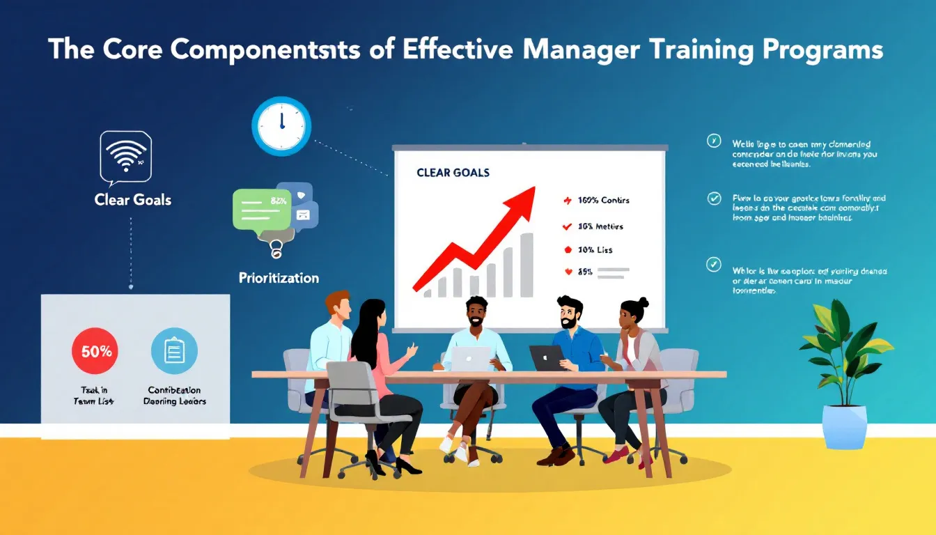 Core components of effective manager training programs, showcasing a team meeting in action.