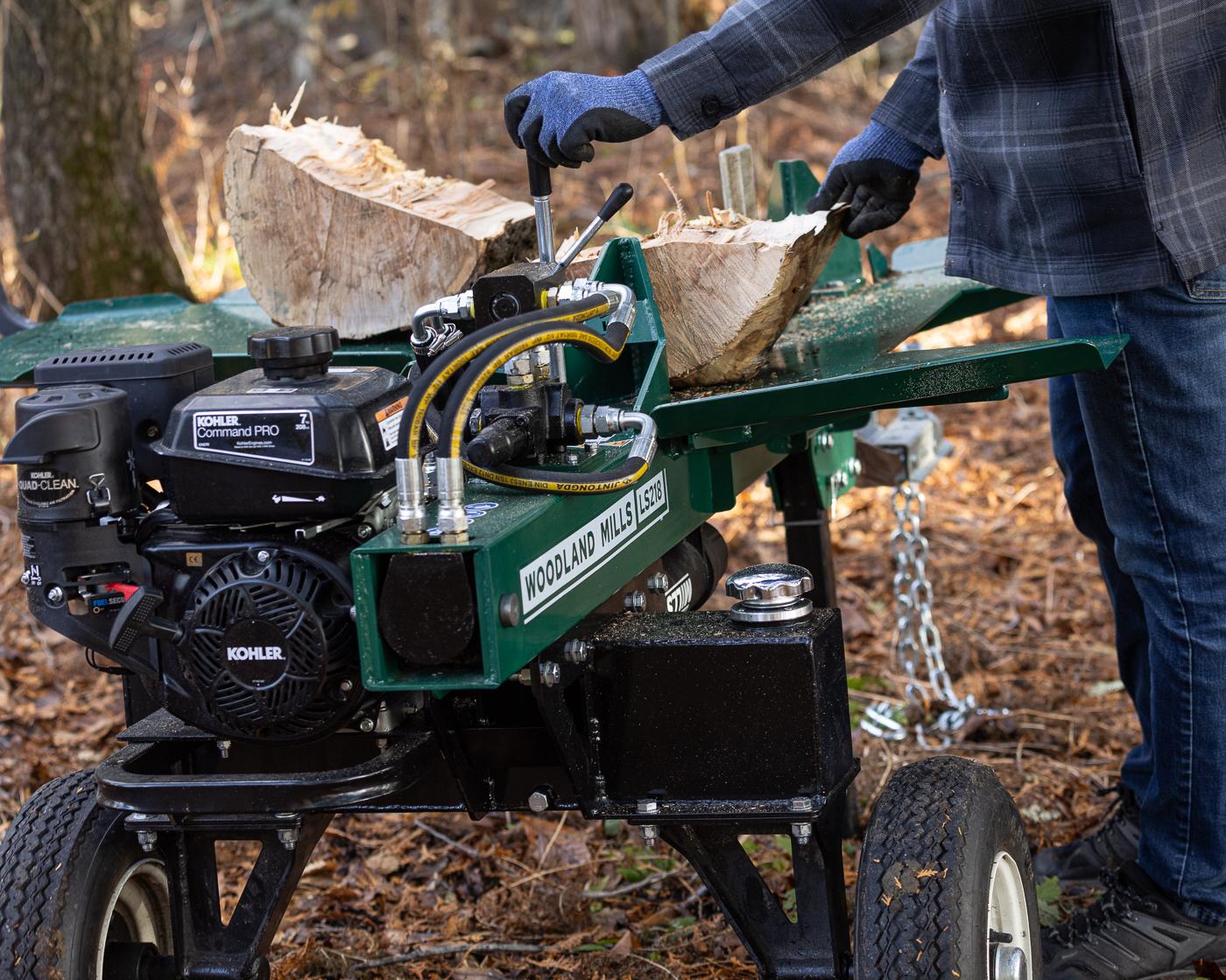 A round being cut by the Woodland Mills LS218 Log Splitter. 
