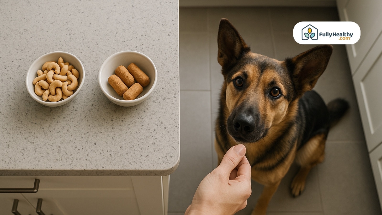 German shepherd waiting beside bowls of cashews and dog treats in kitchen