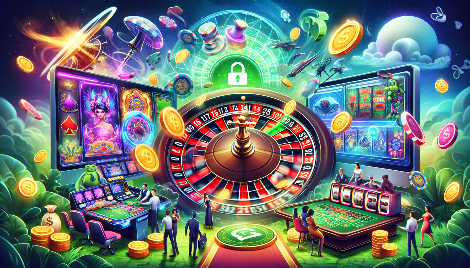 Colorful illustration of an online gaming platform with diverse game options