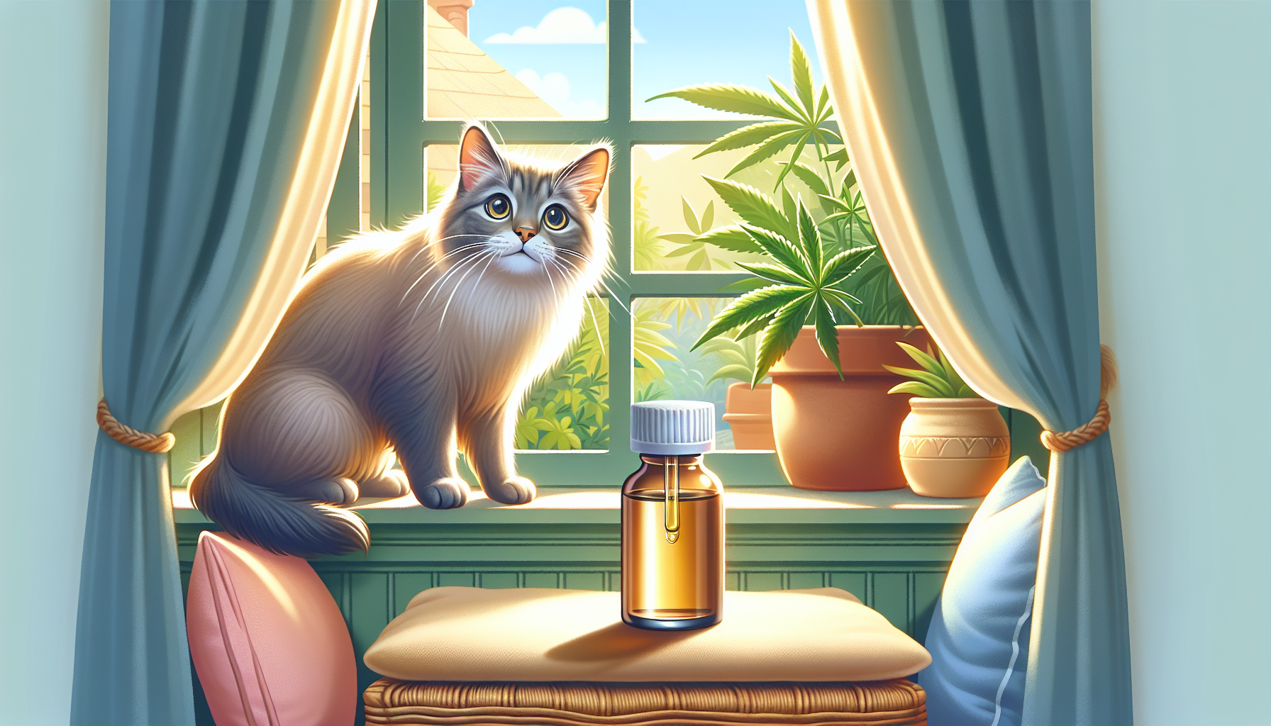 Illustration of hemp drops for pets, especially cats.