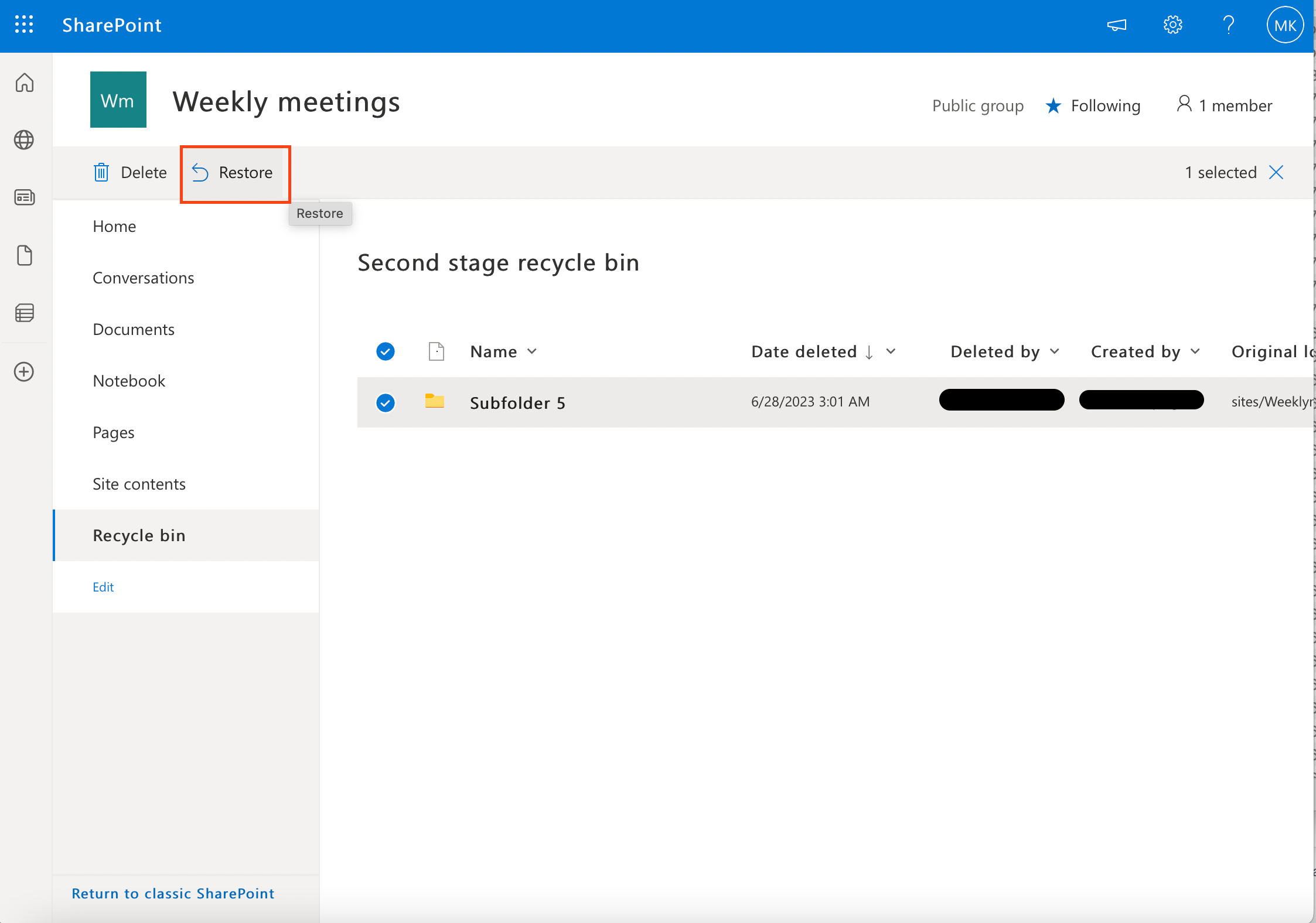 Restoring Sharepoint file demonstration