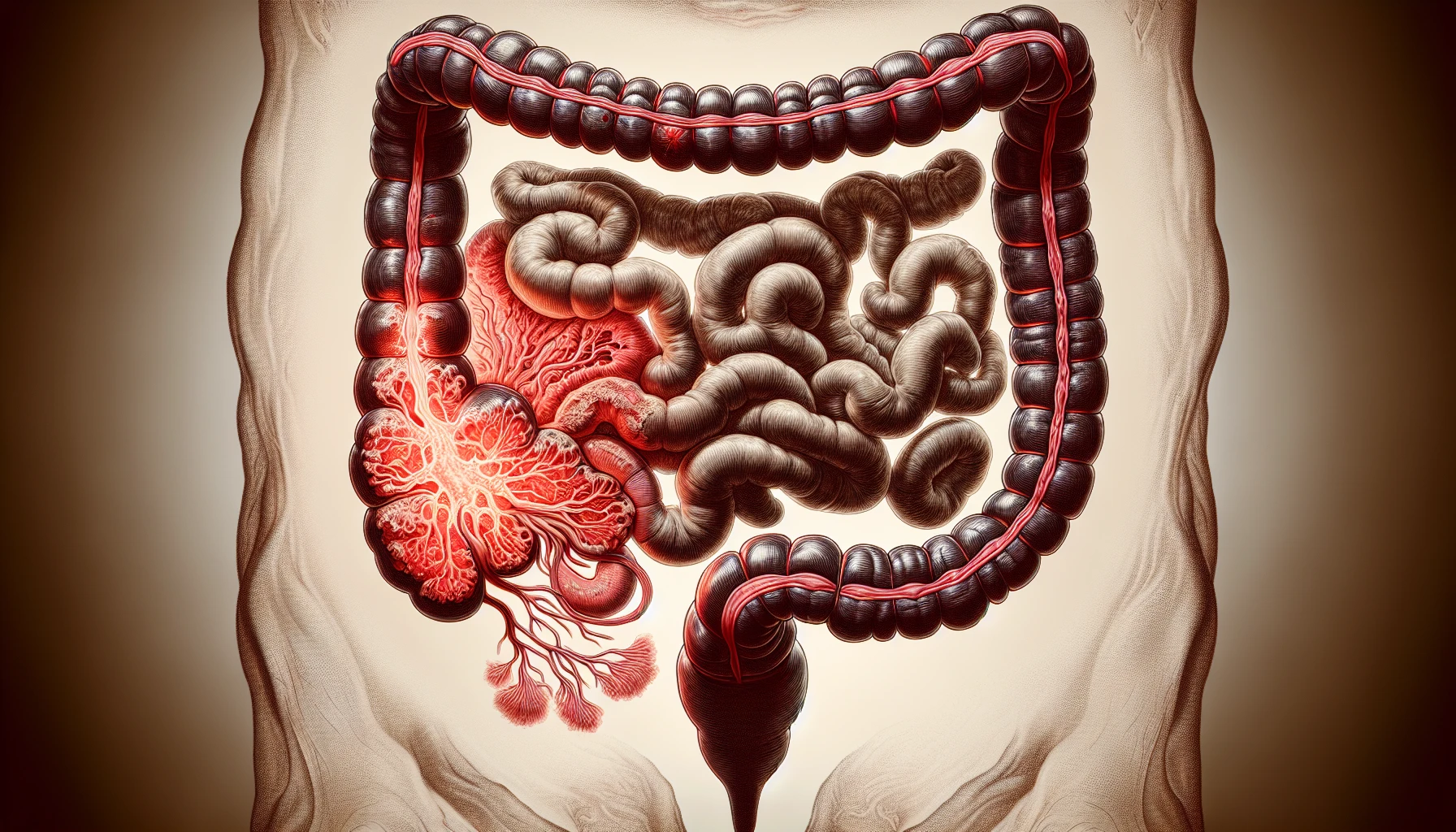 Illustration of colon anatomy with highlighted adenocarcinoma