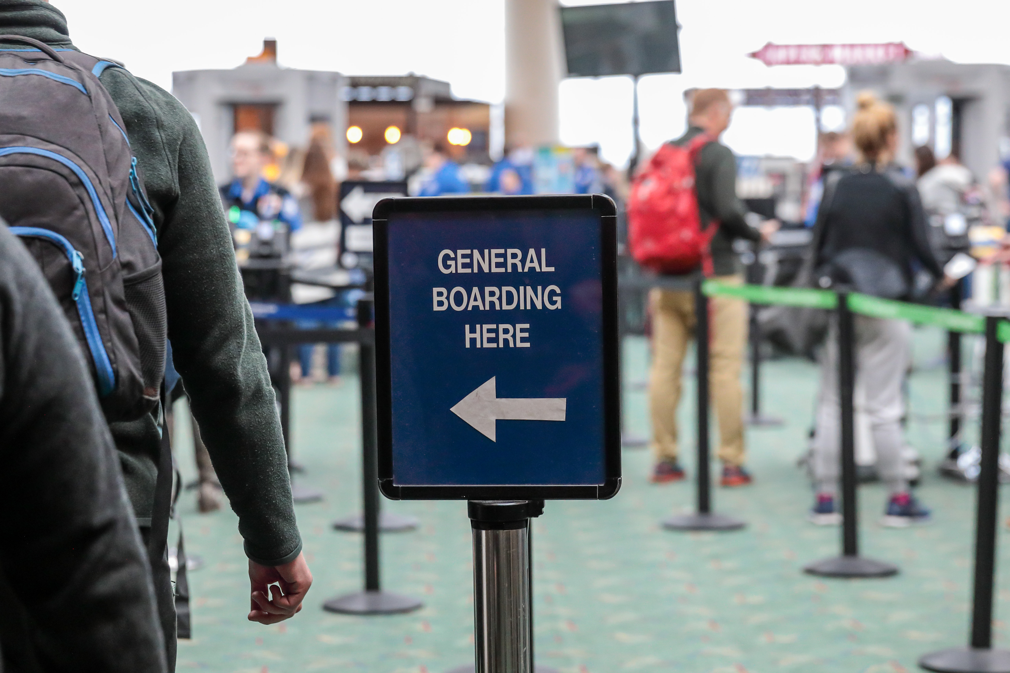 Airplane boarding line.