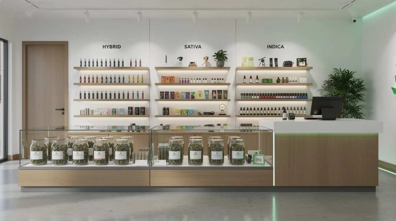 The image depicts the interior of a modern retail cannabis dispensary, featuring sleek glass display cases filled with various cannabis products and neatly organized shelves showcasing hemp-derived THCA items. This environment reflects Michigan's legal framework for licensed dispensaries, ensuring consumer safety and compliance with state regulations.