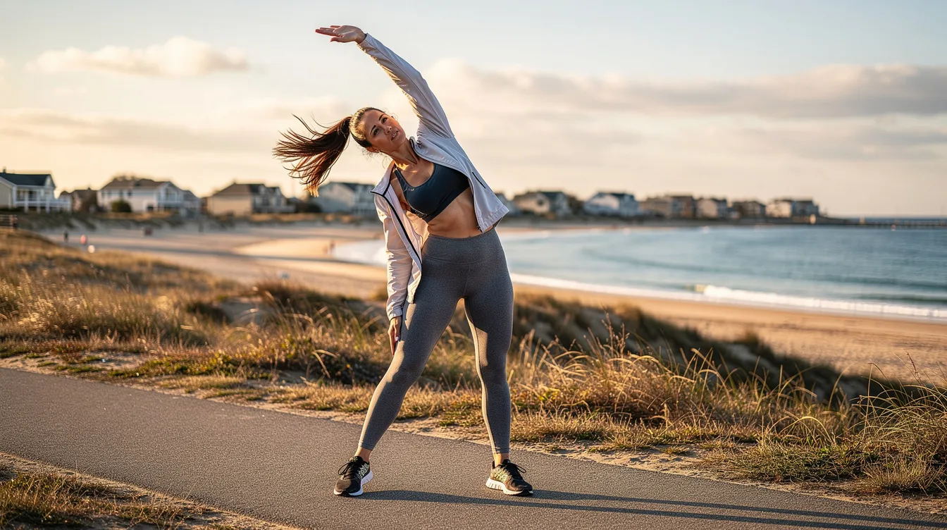 A woman in athletic wear is stretching outdoors against a beautiful coastal Long Island landscape, embodying a sense of natural beauty and fitness. The scene captures her commitment to health and wellness, reflecting the importance of personalized care and aesthetic goals in any journey, including those related to cosmetic procedures.