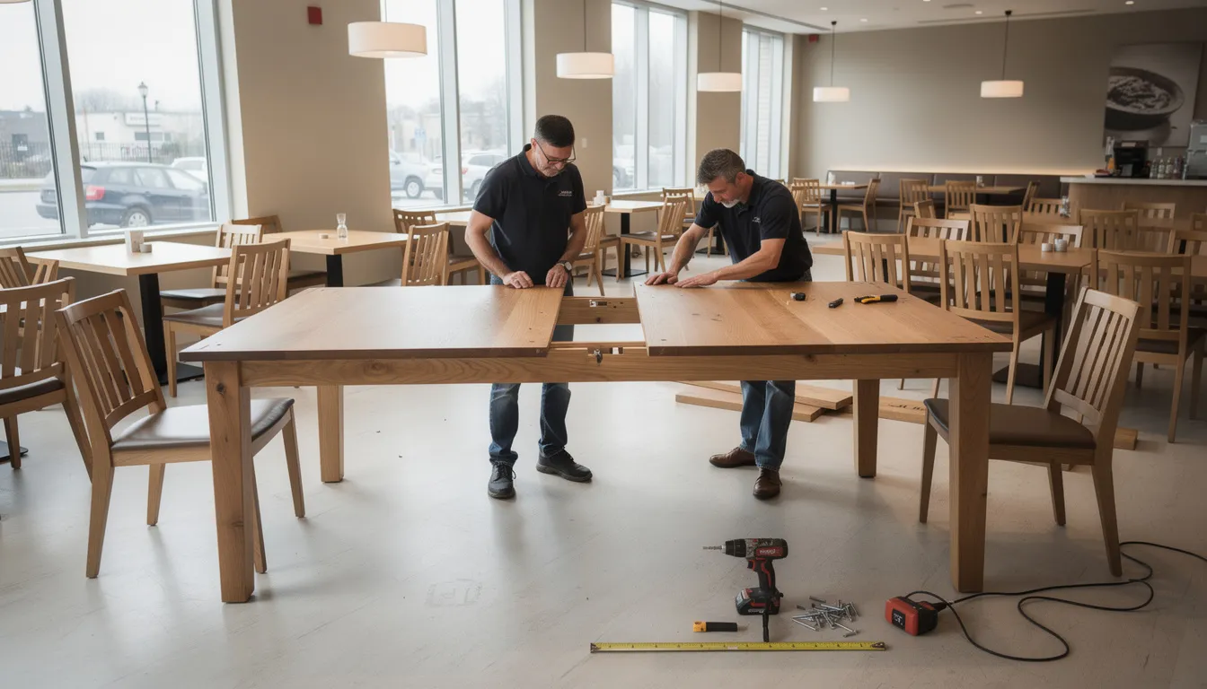 W restauracyjnej sali trwa montaż drewnianego stołu, którego nogi wykonane są z solidnego drewna bukowego, zapewniając stabilność i elegancki wygląd. W tle widoczne są akcesoria meblowe oraz detale aranżacji wnętrza, które podkreślają atmosferę miejsca.