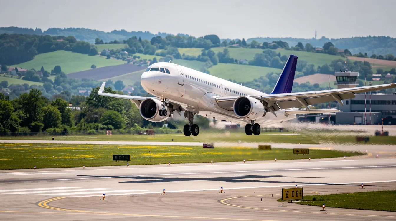 An airplane is landing at an airport, with a lush green landscape visible in the background. This scene captures the transition of travelers arriving in Ireland, where they may be seeking an employment visa or critical skills employment permit to work in the Irish labour market.