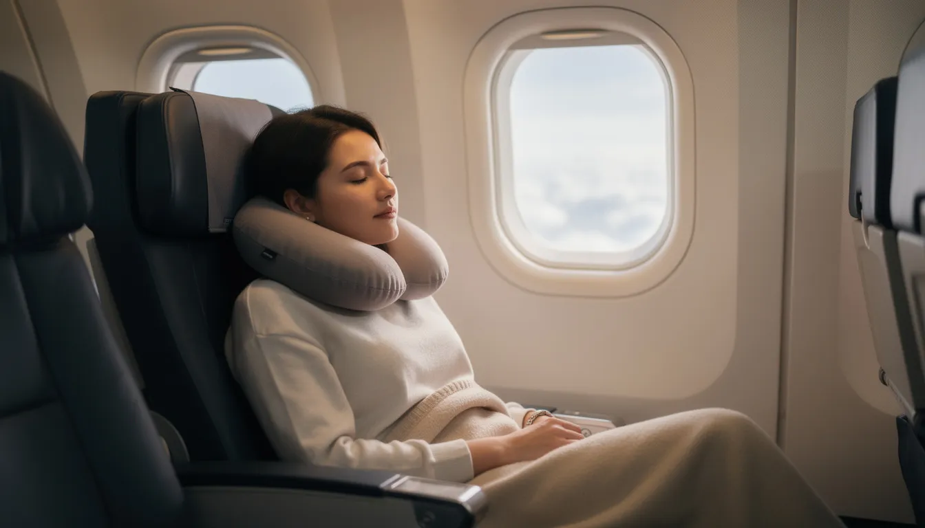 A person is sleeping peacefully in an airplane seat, their head supported to the side by a trtl travel pillow, which provides excellent neck support and keeps their head upright. This ergonomic design allows for a comfortable sleep position during long flights, ensuring a restful journey.