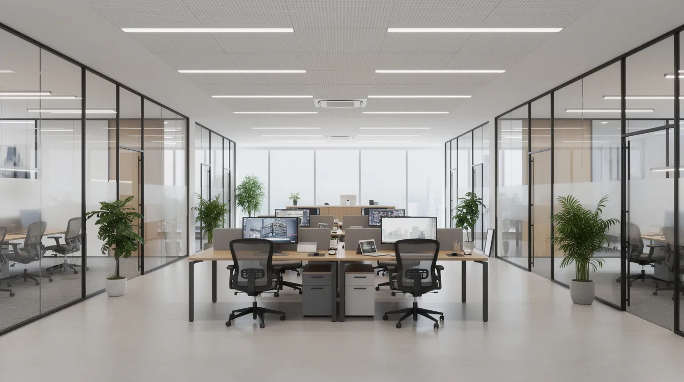 The image depicts a modern commercial office interior featuring an open floor plan with glass partitions and overhead lighting, creating a bright and spacious environment suitable for various business needs. This design can enhance the effectiveness of lease negotiation for commercial tenants looking to optimize their lease agreement and tenant improvement allowances.
