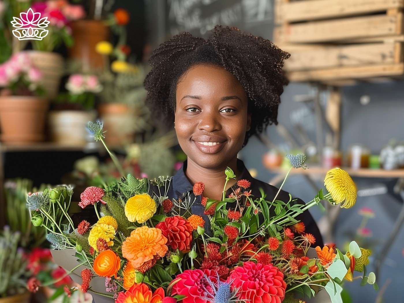 A cheerful florist presenting a vibrant assortment of fresh flowers, featuring bold reds, sunny yellows, and lively oranges, in a charming flower shop setting—Fabulous Flowers and Gifts.
