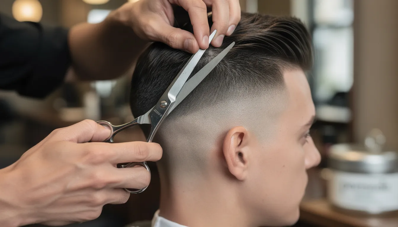 Unas manos de barbero sostienen tijeras profesionales mientras trabajan en una cabeza con un fade perfecto, mostrando la destreza y el estilo característico de una barbería. Esta imagen resalta la calidad del corte y la atención al detalle, elementos clave para atraer clientes en redes sociales como Instagram.