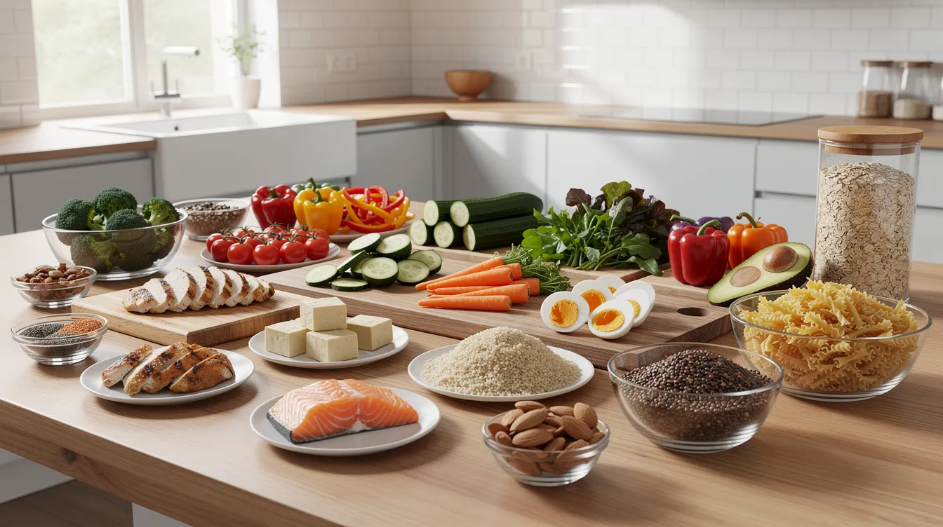 The image features a variety of healthy foods on a kitchen counter, including proteins, colorful vegetables, and whole grains, promoting a nutritious diet that supports breastfeeding mothers and their milk production. This arrangement highlights the importance of metabolic health and cellular energy for overall well-being.