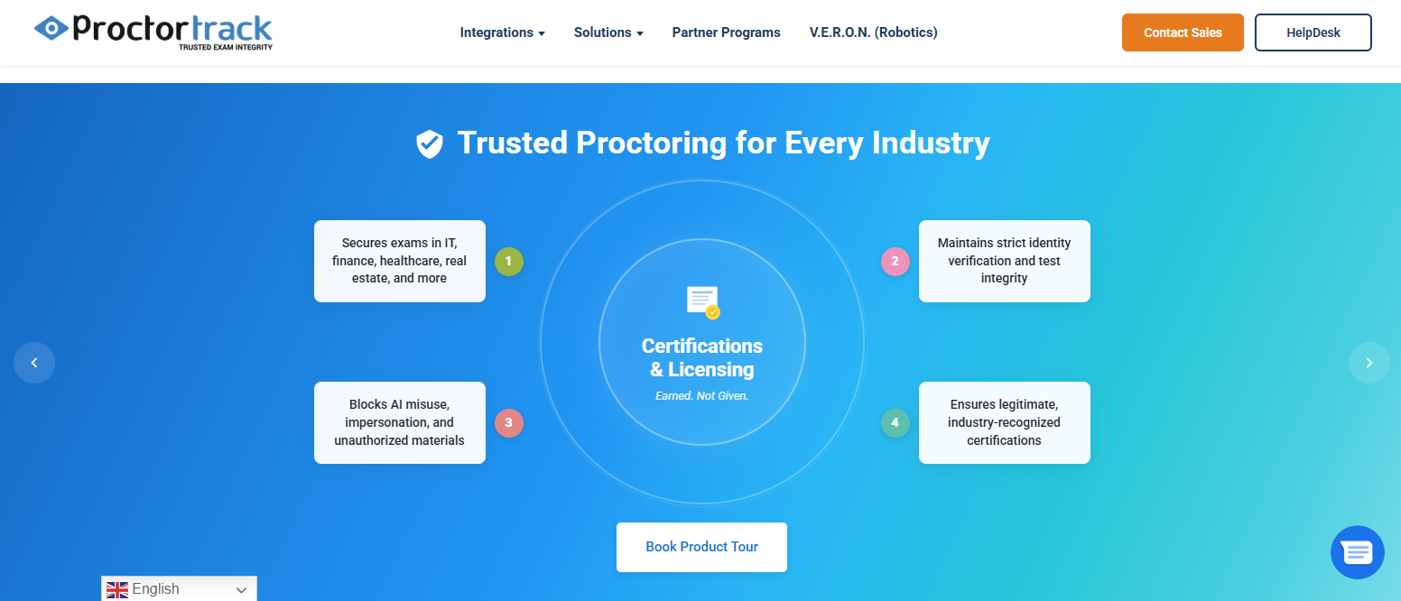 ProctorTrack homepage showcasing secure online proctoring software with identity verification, AI-powered exam monitoring, and certification integrity for remote assessments.