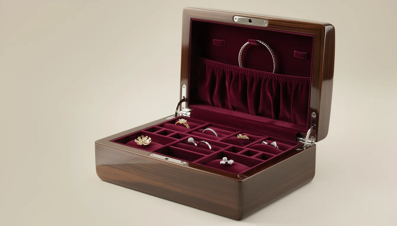 En elegant smyckeskrin i trä med flera fack och mjuk sammetstoppning, perfekt för att organisera och förvara olika smycken som halsband, armband och örhängen. Denna stiliga låda gör det enkelt att hitta rätt plats för dina smycken och ger ordning och stil till din förvaring.