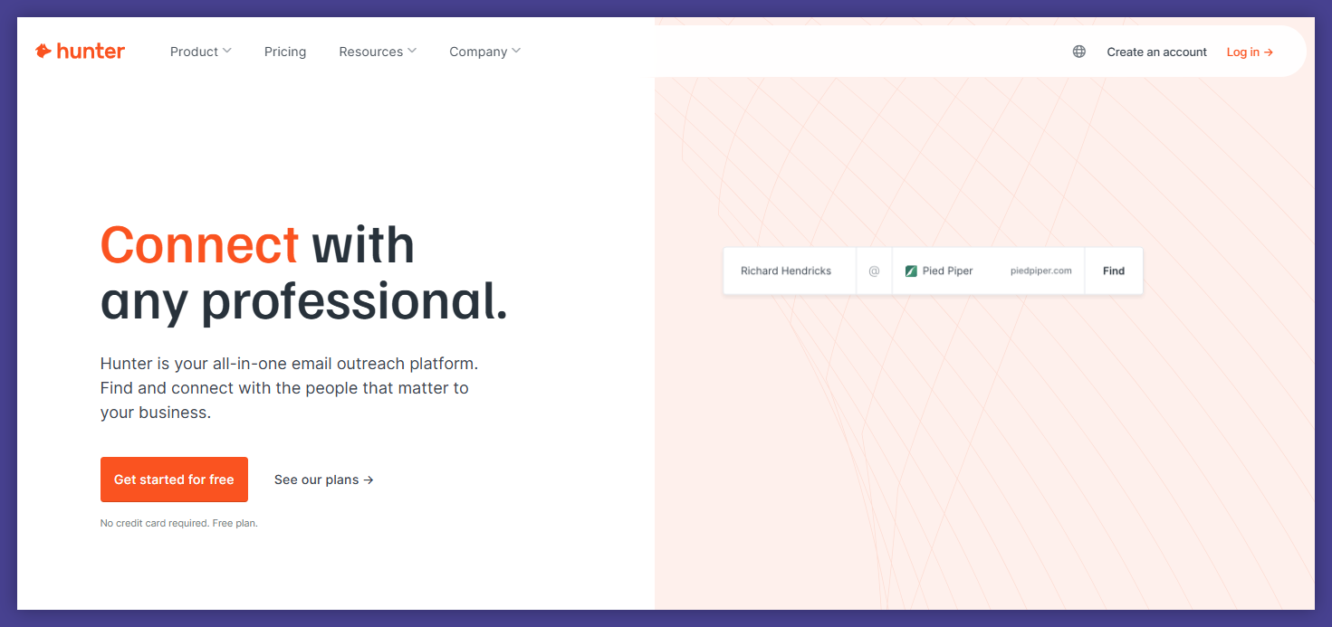 Hunter homepage, a tool for email marketing, with detailed reports, seamless integrations and email verifier.