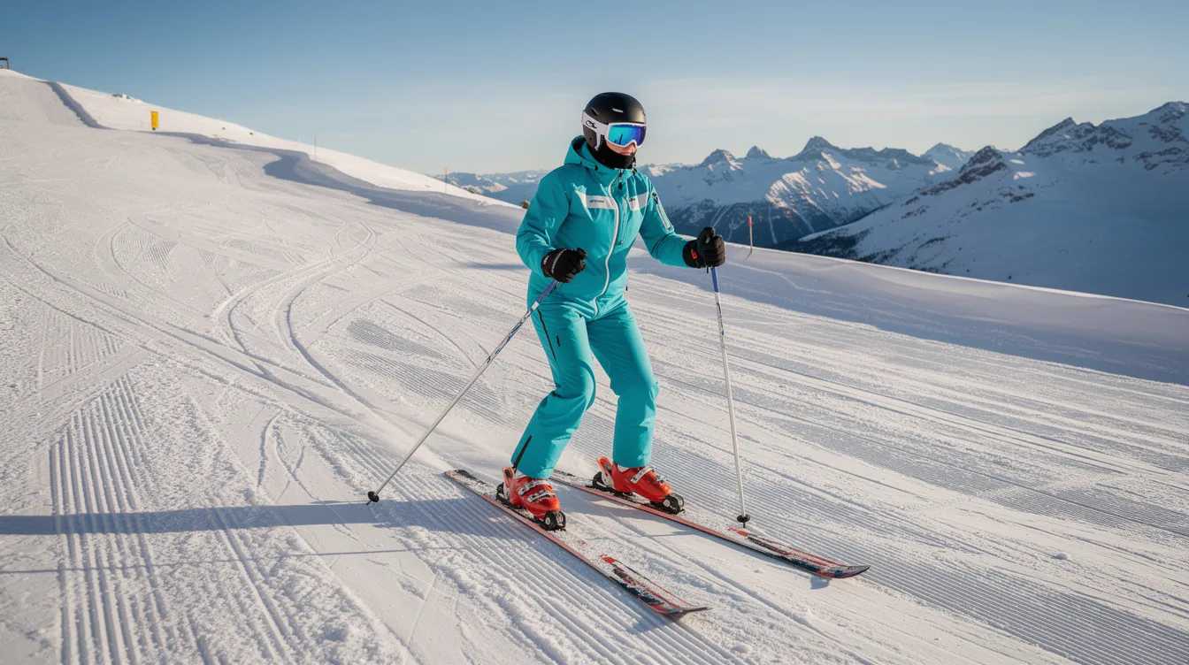 Ein Skifahrer befindet sich in der korrekten Grundposition auf einem verschneiten Hang, mit leicht gebeugten Knien, bereit, einen Parallelschwung auszuführen. Seine Körperhaltung und die Positionierung der Skier zeigen, dass er auf die Kontrolle und Technik beim Kurvenfahren achtet.