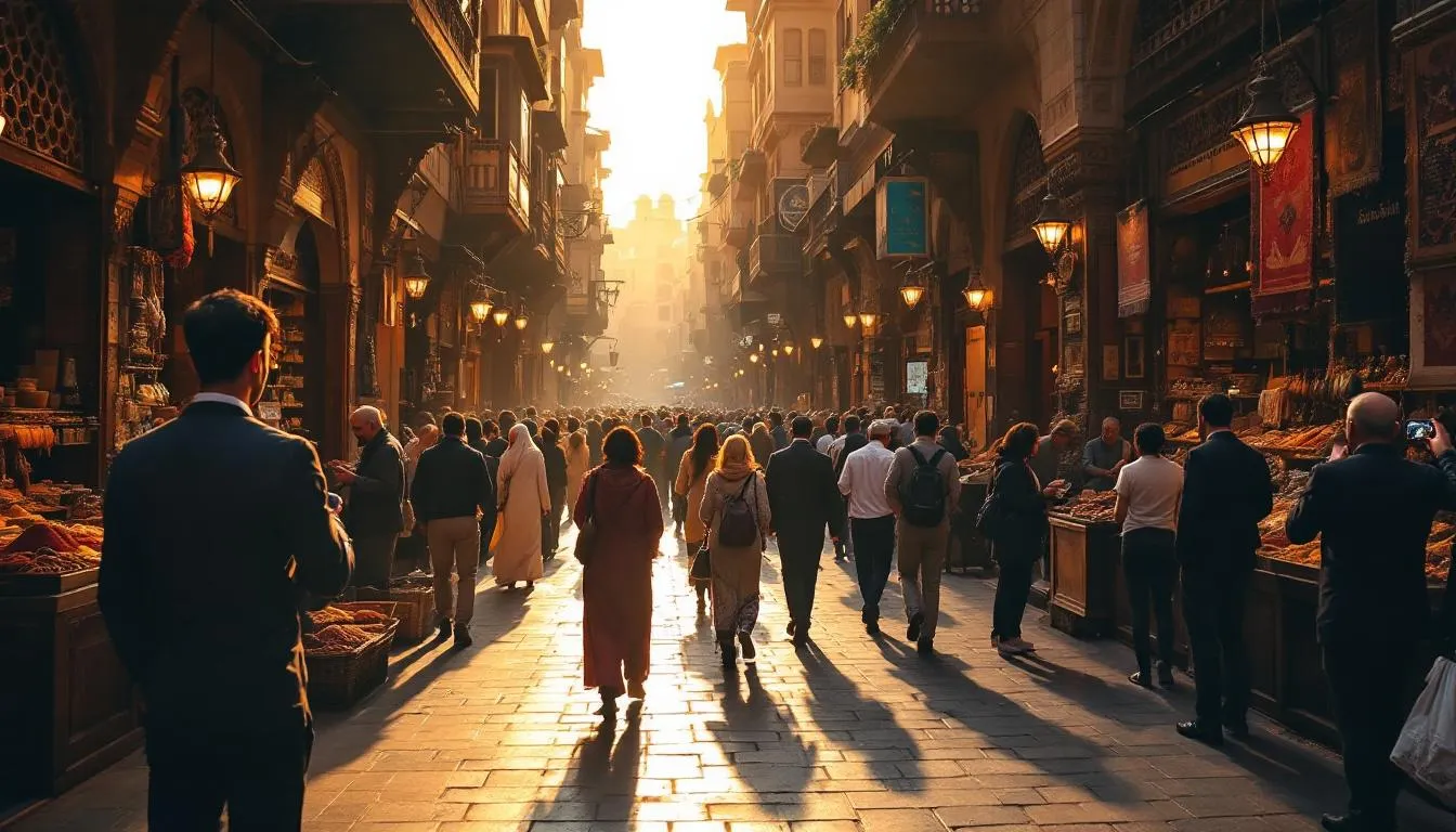 Imagem do mercado tradicional Khan el-Khalili, repleto de vendedores oferecendo produtos variados e turistas explorando as lojas coloridas. O ambiente é vibrante, refletindo a rica cultura do Egito, com pessoas interagindo e desfrutando da experiência única deste famoso ponto turístico.