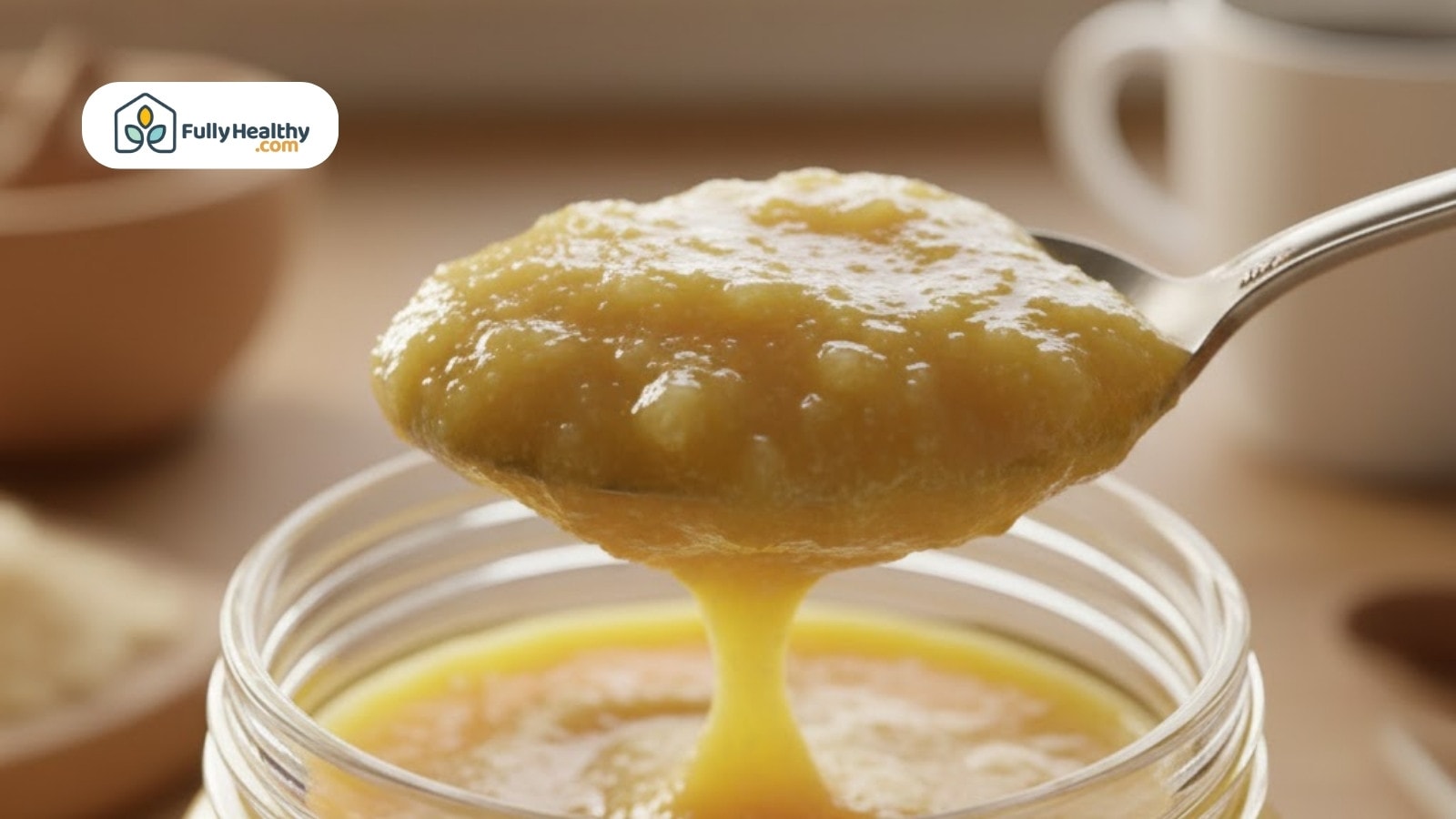 Spoon lifting thick ghee above open glass jar