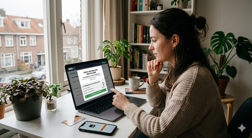 Vrouw die een account verifieert bij een online casino op laptop, onderdeel van KYC verificatie en registratie bij een legaal online casino in Nederland.