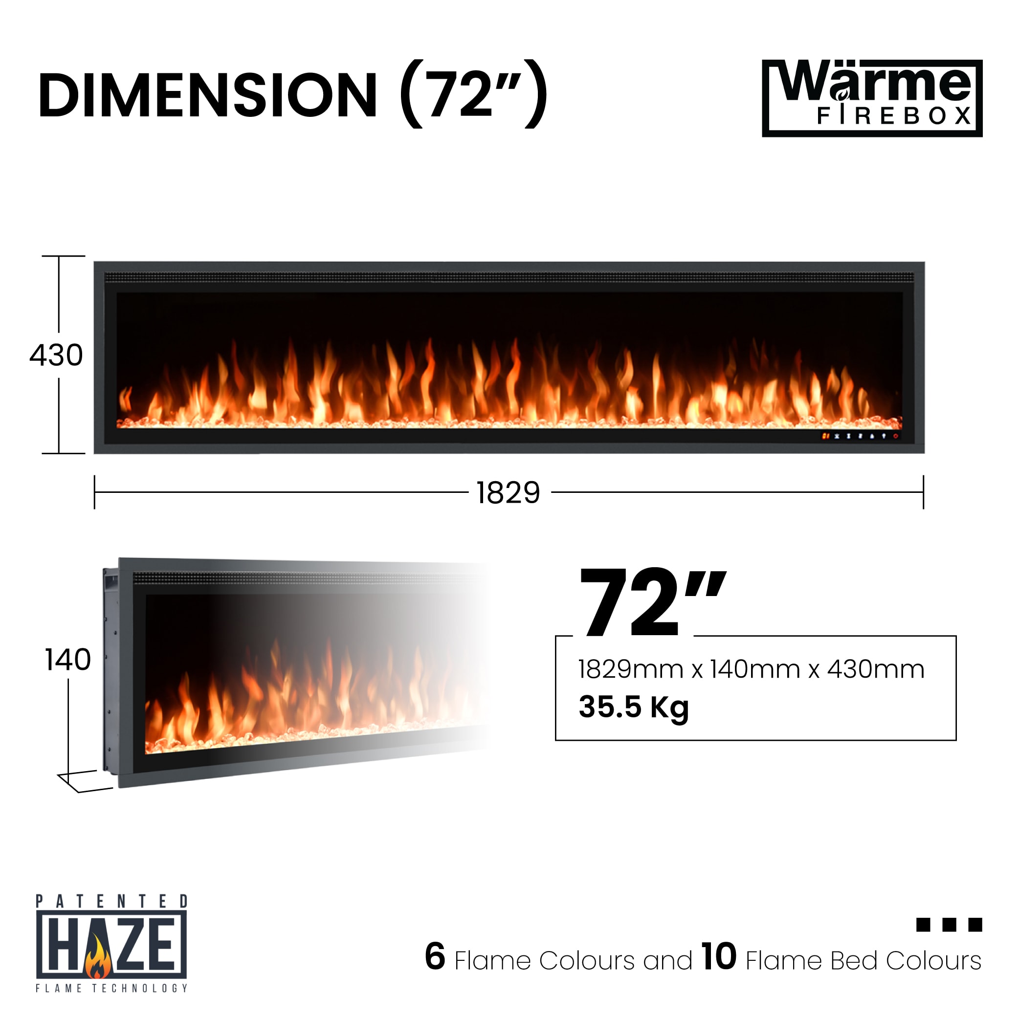 Illustration showing different sizes of media wall electric fires in various room dimensions.