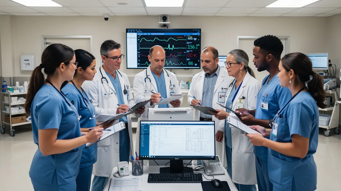In a hospital setting, several medical professionals are focused on reviewing patient records, likely assessing the medical expenses and treatment plans for car accident victims. This examination is crucial for managing serious injuries and ensuring proper care for those affected by traffic accidents, such as those involved in a car accident in Richmond.