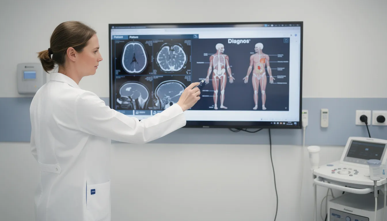 En läkare pekar på medicinska bilder på en skärm, vilket visar resultat från en magnetkameraundersökning (MR) av axeln. Denna bilddiagnostik används för att granska skador och inflammationer i kroppens mjukdelar och leder.