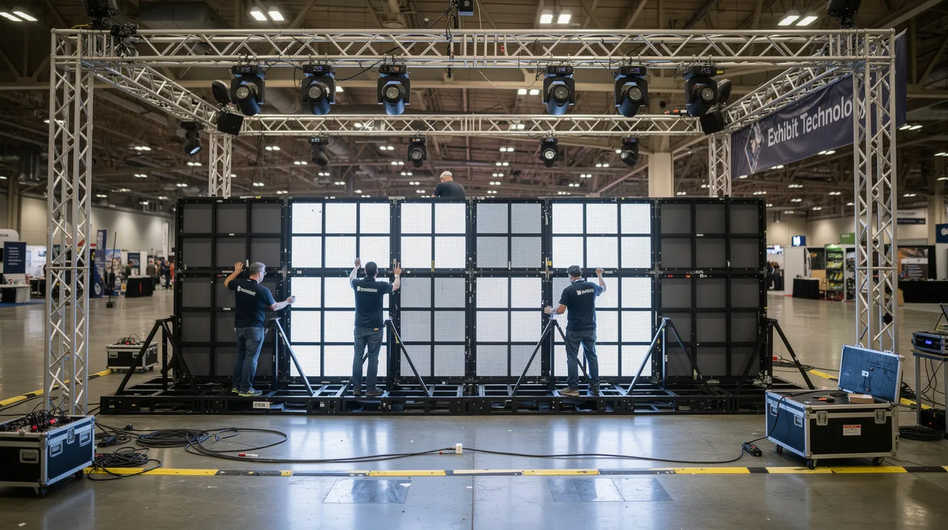 A ground-supported LED video wall is being assembled inside a convention center exhibit booth, with truss and lighting fixtures overhead, creating an engaging environment for corporate meetings and trade shows. Experienced technicians work closely to ensure flawless production and innovative solutions for showcasing key messages and attracting attention on the crowded show floor.