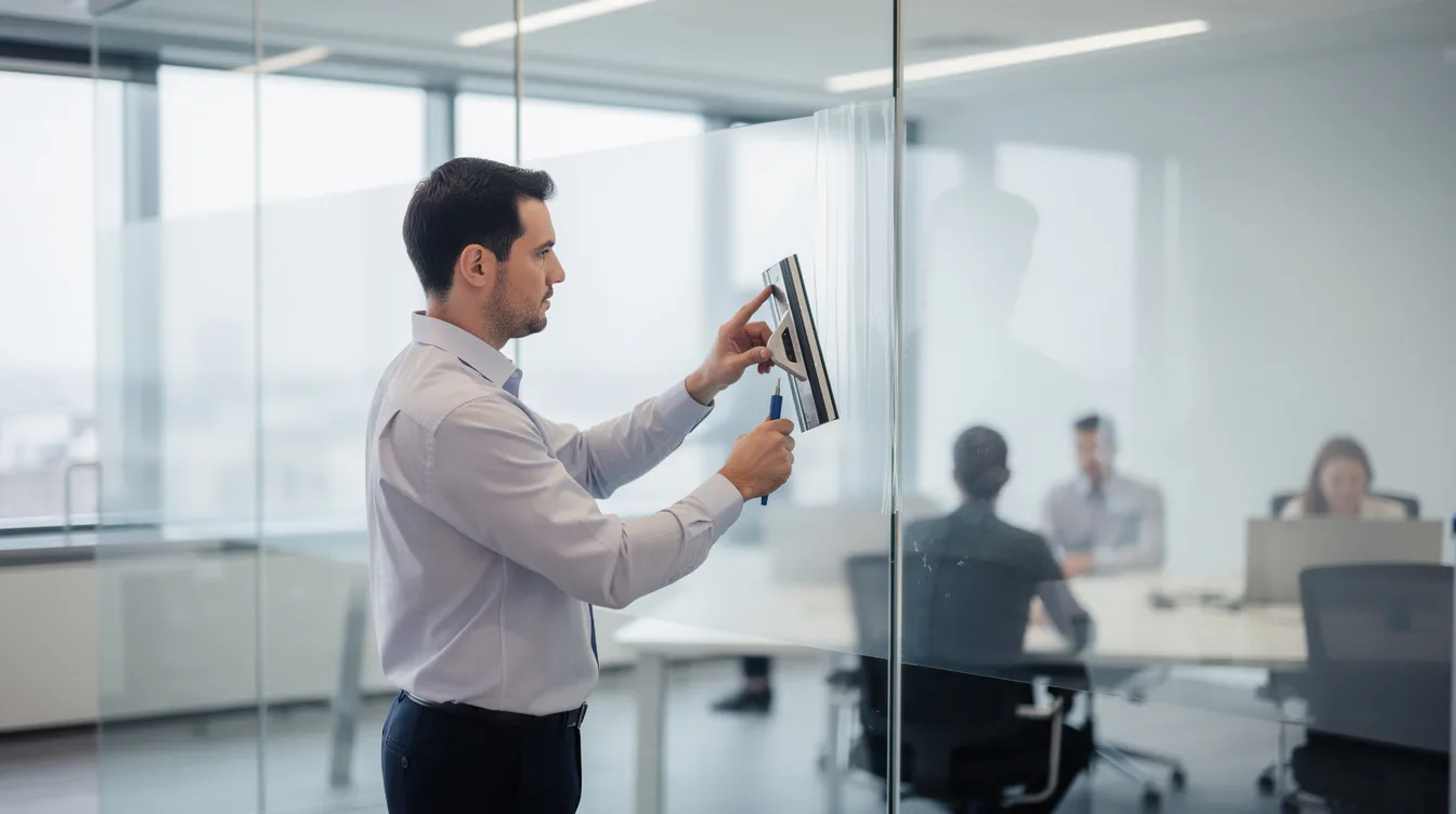 A technician in professional attire is meticulously applying smart film to a large interior glass partition in a bright, modern office, enhancing the space with energy-efficient smart glass technology that allows for natural light while providing instant privacy. The installation showcases a sleek and elegant design, demonstrating the advantages of innovative glass solutions for contemporary work environments.