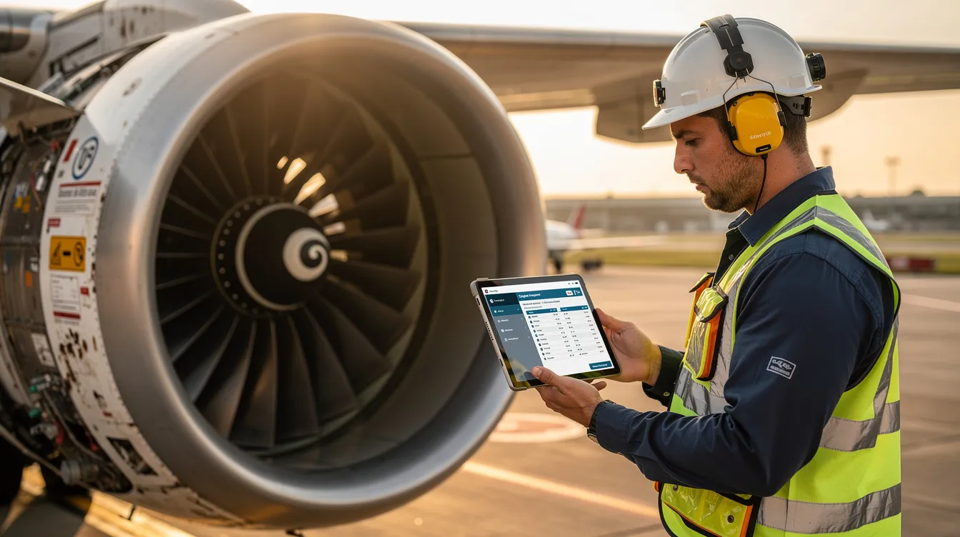 A maintenance technician is inspecting an aircraft engine while reviewing data on a tablet, demonstrating skills essential for aviation maintenance. This scene highlights the importance of knowledge and training in airframe and powerplant systems for ensuring safety and compliance with federal aviation regulations.