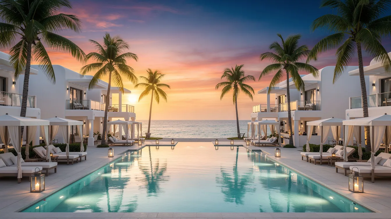 The image showcases a stunning beachfront luxury resort in Mexico, featuring elegant white architecture surrounded by palm trees and a vibrant turquoise ocean at sunset. This perfect setting offers guests a memorable experience with spacious rooms, a beautiful pool, and easy access to the beach, making it one of the best hotels in Latin America.