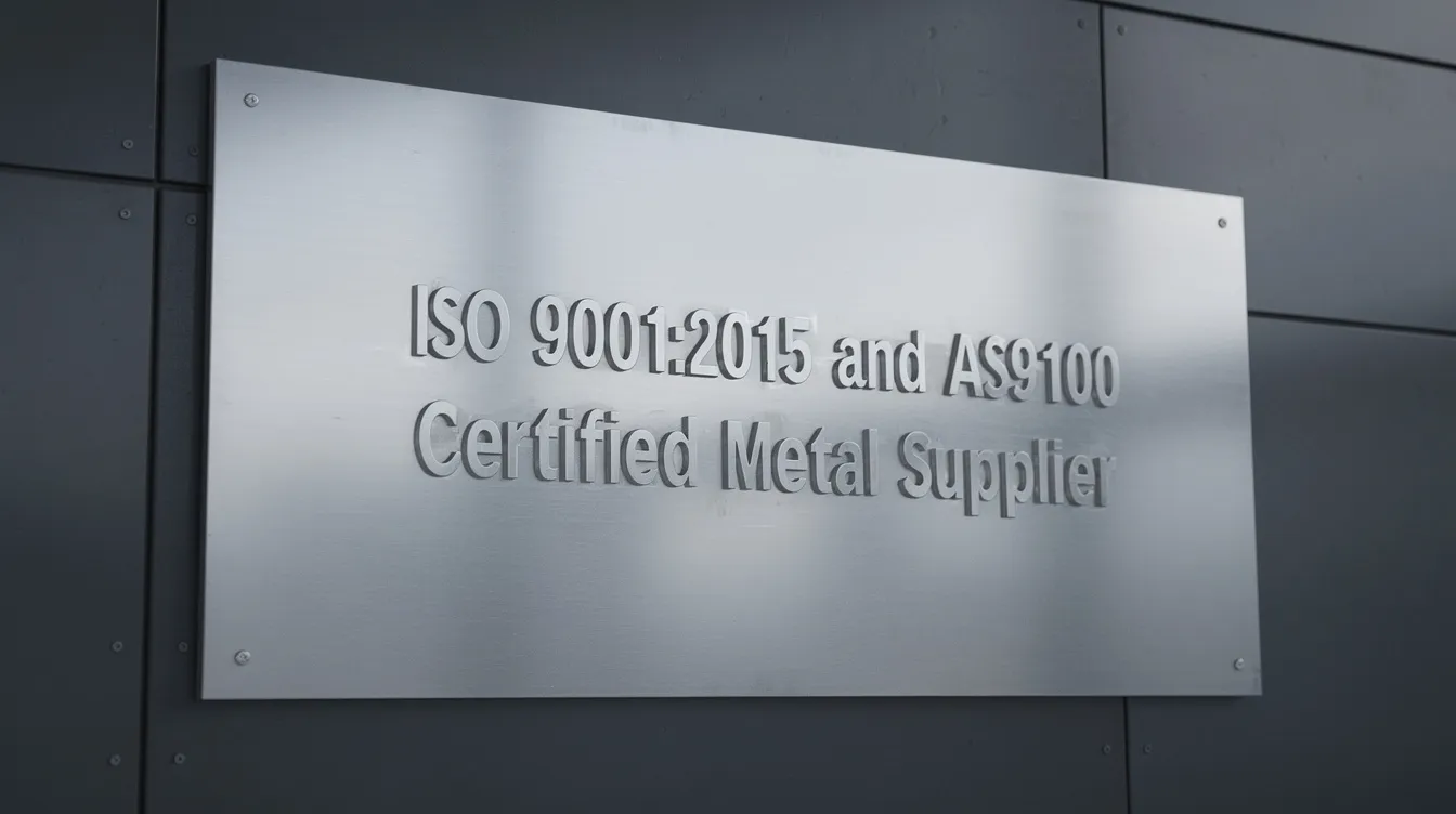 The image depicts a banner showcasing "ISO 9001:2015 and AS9100 Certified Metal Supplier," highlighting their commitment to quality management principles in the aerospace and commercial markets. It emphasizes the company's dedication to customer satisfaction, continuous improvement, and adherence to stringent requirements through their quality management system.