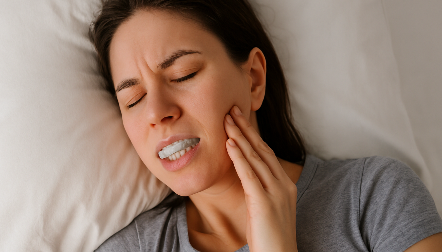 Kvinne ligger i seng med tannskinne og holder kjeven, tydelig ubehag eller smerte fra tennene. biteskinne ekulf nightguard biteskinne ekulf nightguard tmj temporomandibular joint dysfunction beskytter tennene 1 stk tanngnissing og tannpressing løse tenner bedre søvn under 18 år skader på tennene tannregulering tannprotese under 18 tennene tanngnissing tenner biteskinnen bittskinne beskytter bruke skinnen natten skader bruk bedre biteskinner tannlegen brukes hodepine tannlege skinne passer bruker kjeven andre slitasje løse reduserer gir forhindrer tannregulering redusere kontakt viktig hos ubehag former riktig perfekt lyd tannpressing munnen overkjeven gnisser alltid lindre hard tillegg gjør smerter laget bittskinnen mer tid enkel myk resultat dersom lager instruksjoner muskler sitter smerte polymer forhindre finnes vann tannbeskyttelse følger stress derfor