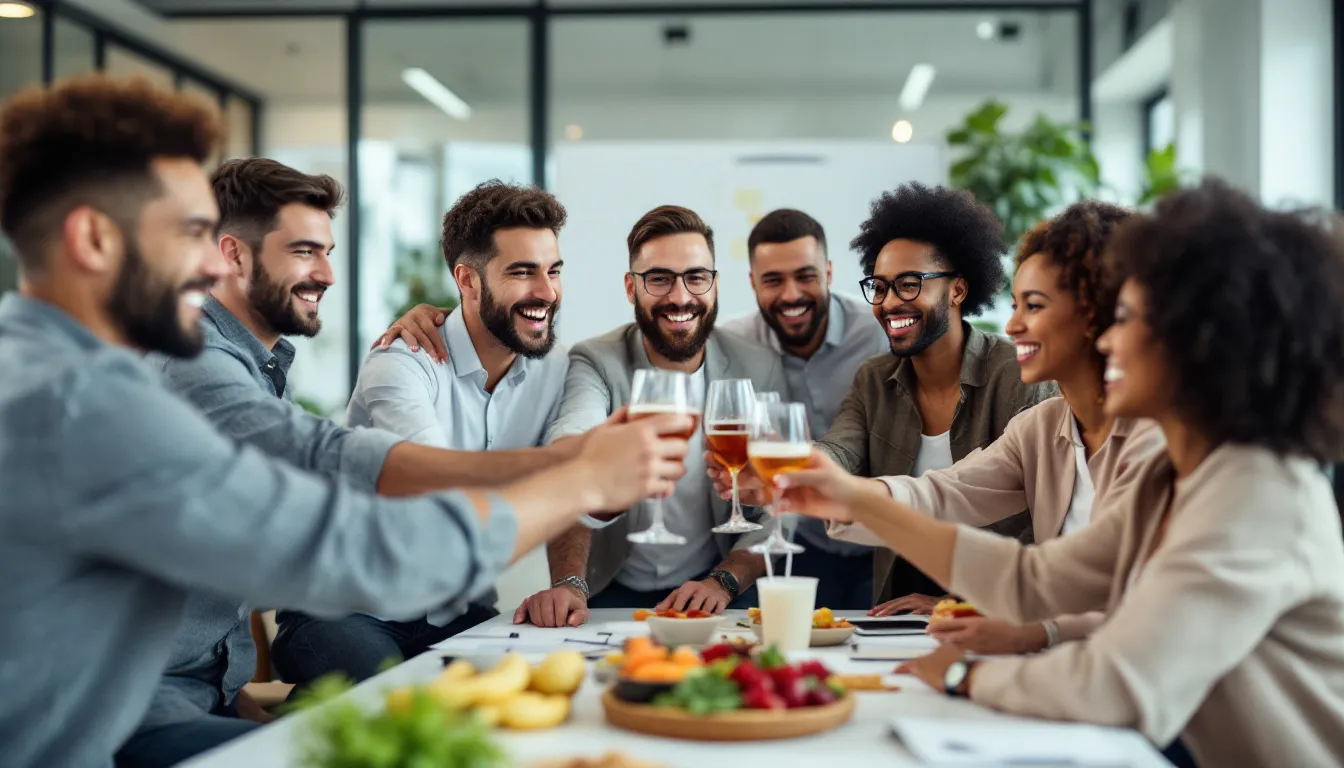 A diverse group of office workers is joyfully celebrating their success, symbolizing employee engagement through ownership. This scene highlights the benefits of employee ownership and the potential tax advantages associated with company share option plans.