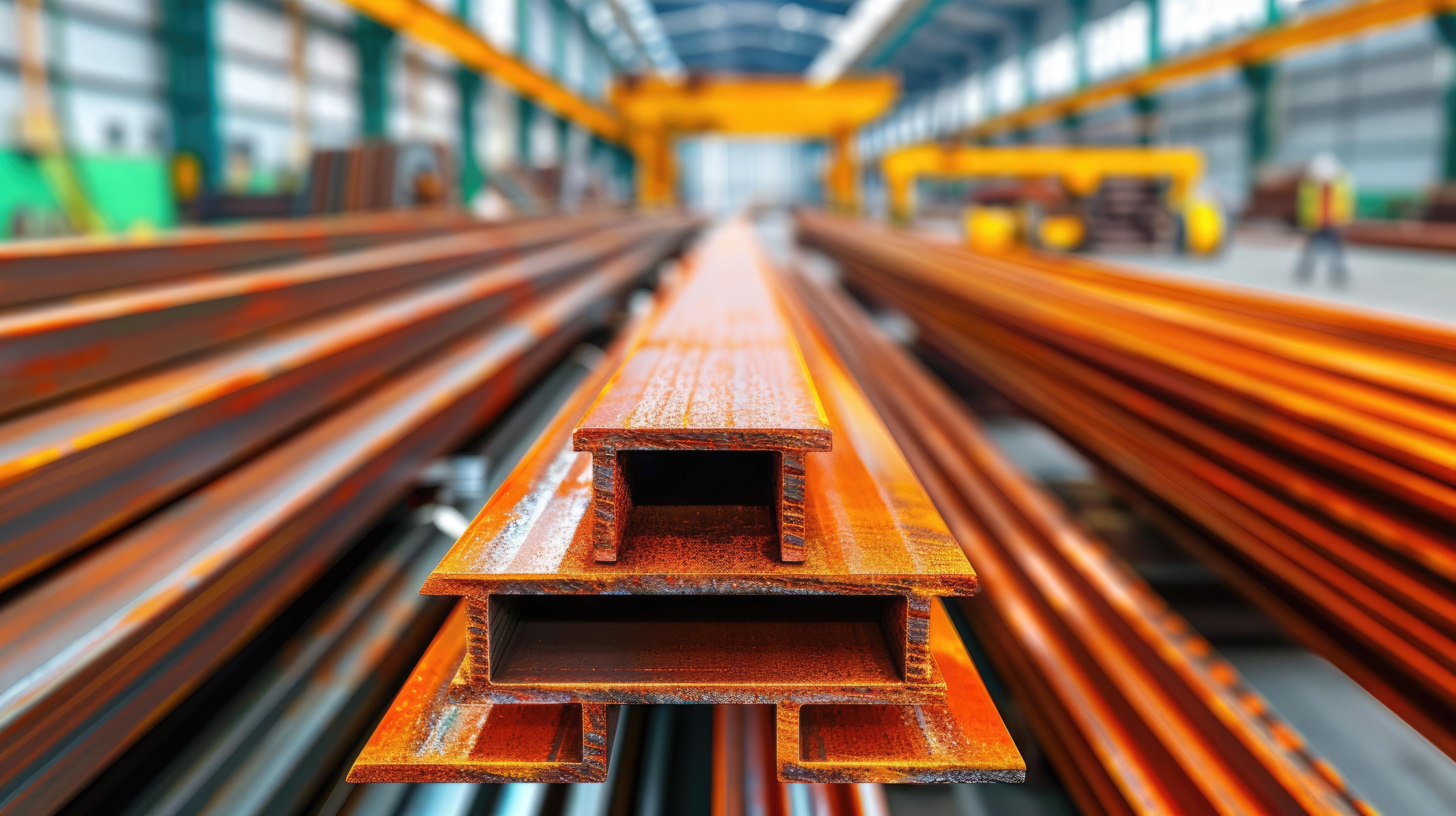 Universal steel beams stacked in a fabrication warehouse showing cross-section profiles and dimensional consistency