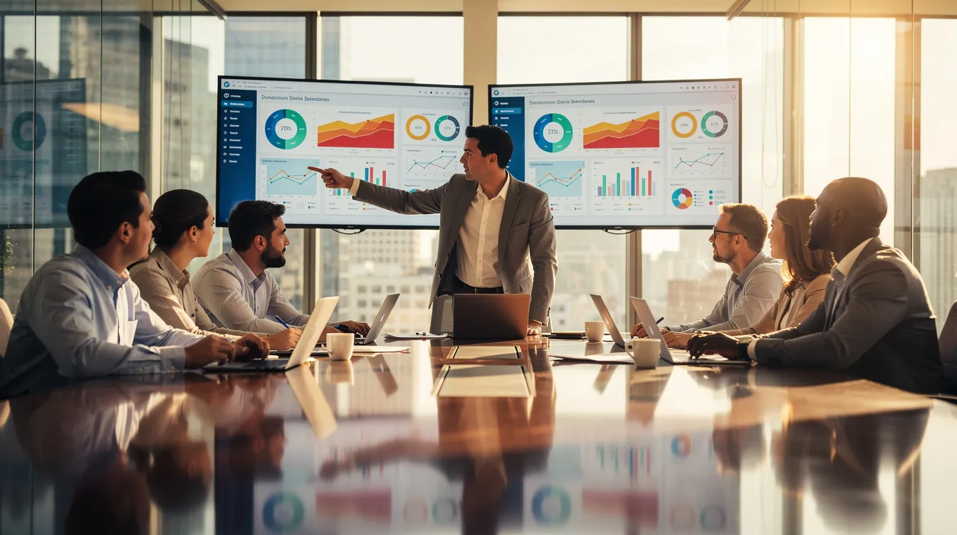 A diverse sales team collaborates around laptops and screens, discussing strategies for improving sales performance and customer relationships. They are utilizing various sales enablement tools and software to enhance their sales process and streamline their efforts in the sales cycle.