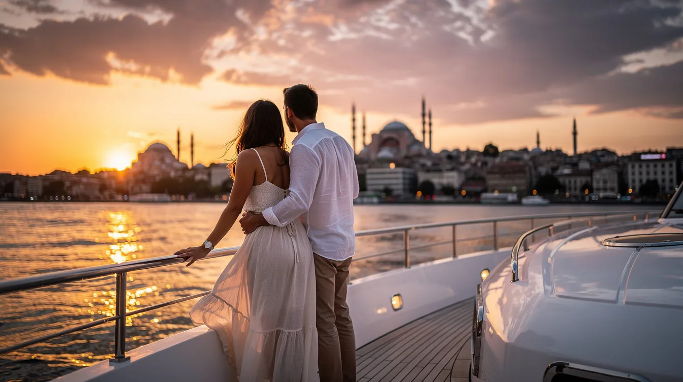 Una pareja se encuentra en la cubierta de un yate, disfrutando de un hermoso atardecer sobre Estambul, con vistas al puente del Bósforo y la torre de la doncella en el horizonte. El ambiente es romántico, mientras el sol se oculta detrás de la ciudad, reflejando colores cálidos en el agua del estrecho.
