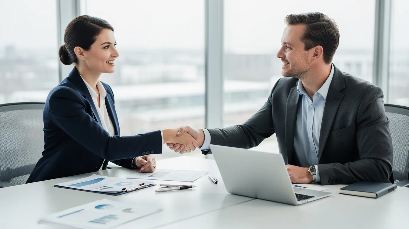 The image depicts two professionals shaking hands across a conference table, with various documents and a laptop in view, symbolizing a successful business transaction. This scene reflects the collaborative nature of mergers and acquisitions, where legal counsel and due diligence play crucial roles in navigating complex transactions.
