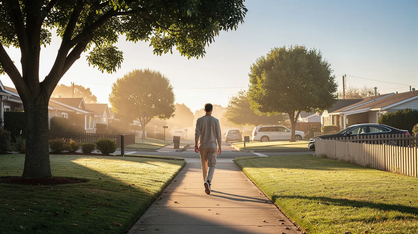 A person is walking outdoors in the morning sunlight through a quiet residential neighborhood, enjoying the natural light as part of their daily routine to improve sleep quality and maintain a better work-life balance while working remotely. The scene captures the essence of physical activity and the importance of disconnecting from screens for restful sleep.