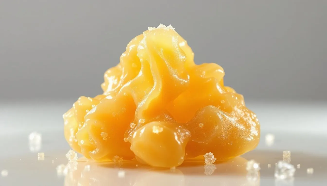10 Amazing Facts About Cannabis Concentrates: 3 The image features a close-up of cannabis wax and budder, both popular forms of marijuana concentrates known for their highly concentrated THC content. These waxy substances, often used in dab rigs or electronic cigarettes, showcase a rich texture and vibrant color, representing the concentrated mass derived from the cannabis plant.