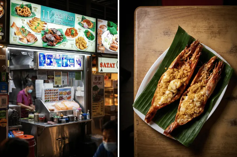 Split-screen image of the Hai Yan BBQ Seafood stall (Stall 11) with a hawker preparing food, alongside a professional flat-lay photo of two large grilled prawns topped with minced garlic on a banana leaf.