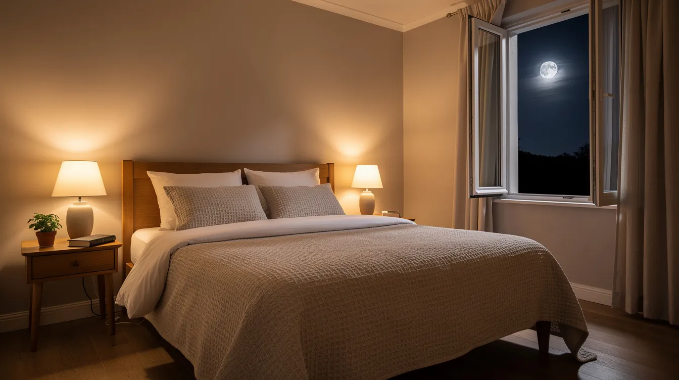 A serene bedroom at night features soft amber lighting that creates a warm atmosphere, with a neatly made bed inviting restful sleep. An open window allows moonlight to gently illuminate the space, promoting a comfortable sleep environment that can help combat sleep deprivation and improve overall sleep quality.