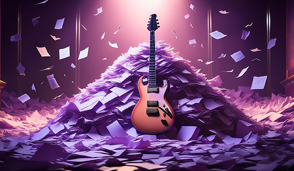 Image of guitar in front of a pile of legal documents