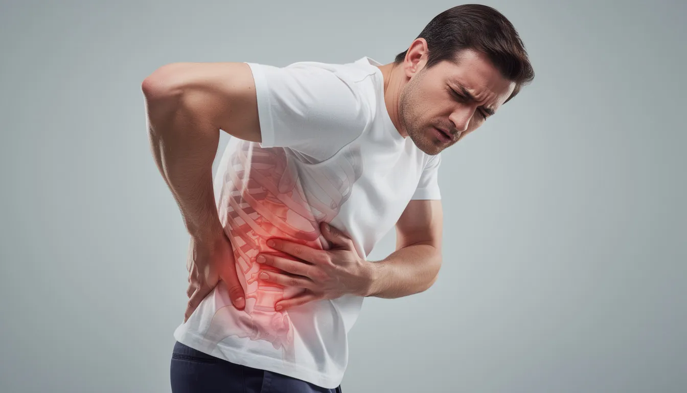 A person is seen holding their side and back area, indicating discomfort and pain around the ribs, likely due to an intercostal muscle strain or rib-related pain. The expression on their face suggests they are experiencing sharp pain, which could be associated with muscle spasms or other underlying health conditions.